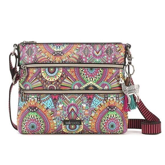 New! SAKROOTS Artist Circle Double Zipper Crossbody Bag With Llama Keychain - Picture 1 of 7